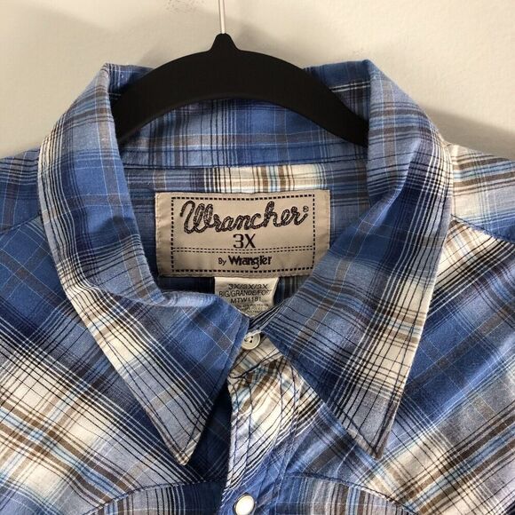 Wrangler Wrancher Mens Size 3X Blue Plaid Pearl Snap Shirt Cowboy Farmer Classic - Picture 2 of 16